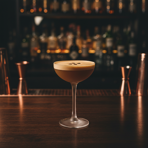 Espresso martini in a coupe glass with coffee bean garnish